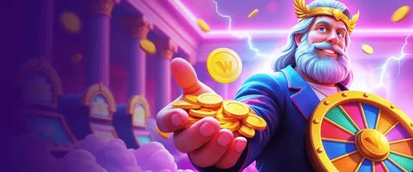 Griekse oppergod met gouden lauwerkrans die gouden munten uitdeelt bij een geluksrad en marmeren zuilen